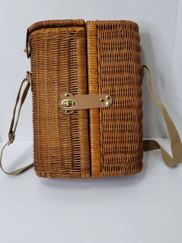 Vintage Wicker Wine Picnic Basket Carrying Case W/ Glasses Cover