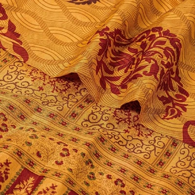 Sanskriti Vintage Sarees Yellow Pure Silk Block Printed Sari Floral Craft Fabric - Image 1 of 4