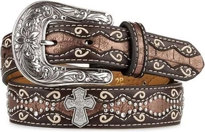 Ariat Girls Rhinestone Cross Conchos Faux Crocodile Leather Belt - Picture 1 of 8