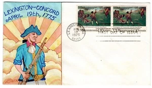 #1563 Lexington-Concord 1975 FDC Ralph Dyer Hand-painted Bicentennial - Picture 1 of 2
