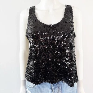 Zara Black Sequin Tank Crop Top Size S Round Neck Party Cocktail Glam NEW - Picture 1 of 10