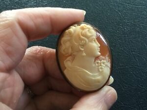 ANTIQUE .925 STERLING SILVER SHELL CAMEO BROOCH 9.1 GRAMS