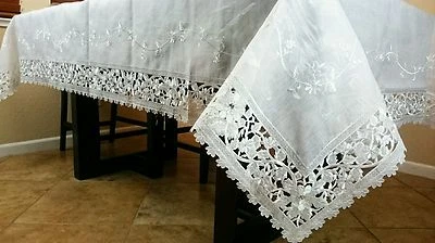 White Silver 72x144" Embroidery Organza Lace Tablecloth Wedding Party Banquet - Image 1 of 4