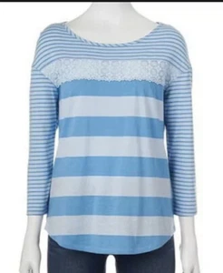 NWT~New~LAUREN CONRAD Botanical Beauty Striped Crochet Lace Top~Blue~Size XS - Picture 1 of 1
