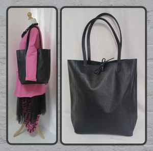 BORSA TOTE/SPALLA/SHOPPER NUOVA CON ETICHETTE, VERA PELLE ITALIANA, GRANDE, NERA - Foto 1 di 13