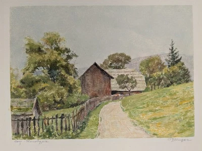 Viktor Unger, Altes Bauernhaus, kleine Monotypie, signiert - Bild 1 von 4