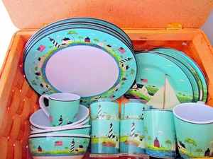 20 PCS Sakura Coastal Breeze Warren Kimble~4 PLACE SETTINGS~W/PICNIC BASKET - Picture 1 of 14