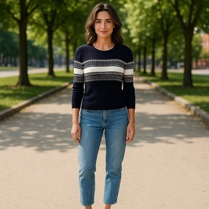 Maglione maglione maglia maglione manica lunga 41 biancospino donna taglia XL nero a righe - Foto 1 di 10