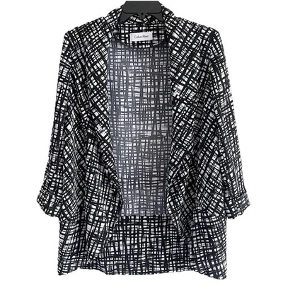 Calvin Klein Blazer Jacket Size 14 Women Open Front Black White Check 3/4 Sleeve - Image 1 of 4