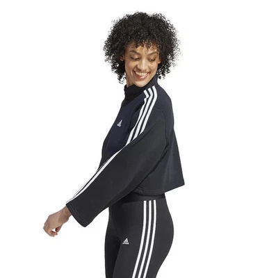 adidas Essentials 3-Stripes Fleece 1/4 Zip Womens Sweatshirt Black Cropped L NWT - Image 1 of 4