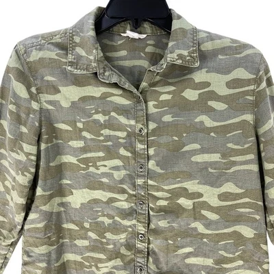 Camisa Caslon abotonada mezcla de lino para mujer talla S pequeña verde camuflaje manga larga  Foto 1 de 4