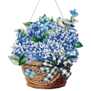 Spring Decorations Blue Flowers Basket Wooden Door Wall Hanging Sign Gift - Picture 1 of 12