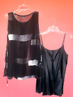 Eileen Fisher 2 pc Black & Silver Sheer Silk Sleeveless Tie Tunic Top & Cami- Sm