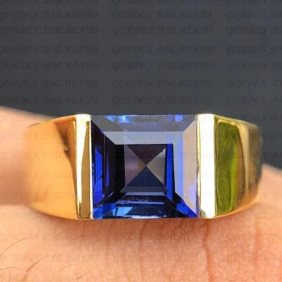 5.00ct Asscher Cut Natural Sapphire Solitaire Men's Ring 18K Yellow Gold Plated - Image 1 of 4