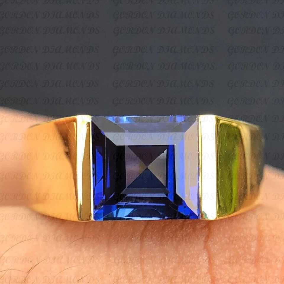 5.00ct Asscher Cut Natural Sapphire Solitaire Men's Ring 18K Yellow Gold Plated - Image 1 of 4