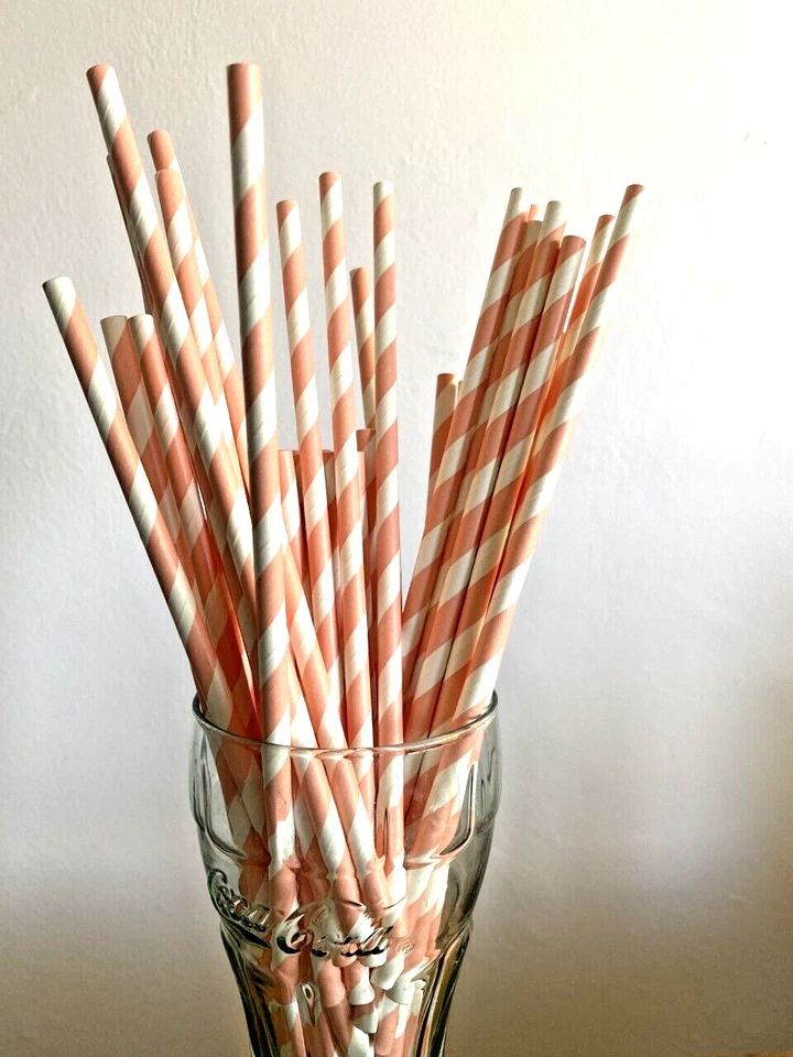 24 X PINK & White Striped Paper Straws bio disposable - Image 1 of 3