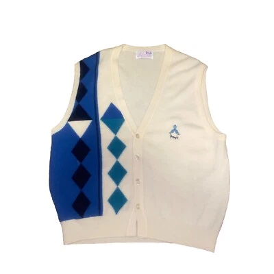 Vintage Pringle Nick Faldo Golf Size XL Cream Blue Wool Argyle Jumper Cardigan - Image 1 of 4