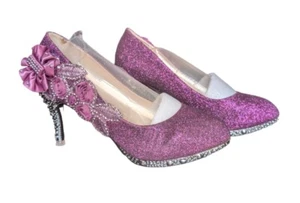 Crystal Wedding Glitter Floral Chunky High Heel Pump Round Toe Purple Silver  - Picture 1 of 6