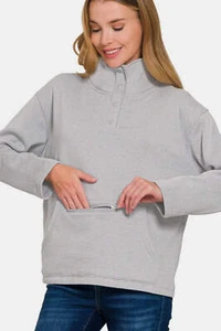 Zenana Turtleneck Half Snap Fleece Sweatshirt - Picture 1 of 4