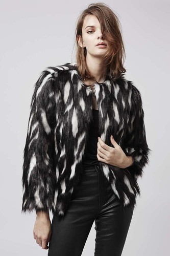 OFF WHITE TOPSHOP TAGLIA 8 GIACCA SHAGGY PELLICCIA SINTETICA NERO BIANCO SPORCO CAPPOTTO DONNA PANNA EUR 36