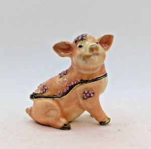 Vintage Enamel Pig Trinket Box Pink Rhinestones Glossy Hinged Pill Box Magnet - Picture 1 of 10
