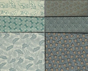 Stoff, Fat Quarter 6er Set, gedeckte aquablaue Reproduktionen - Bild 1 von 1