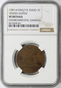 1787 Fugio Cent 4 Cinquefoils Spitzstrahlen 1c "STATES UNITED" NGC Sehr schöne Details - Bild 1 von 4