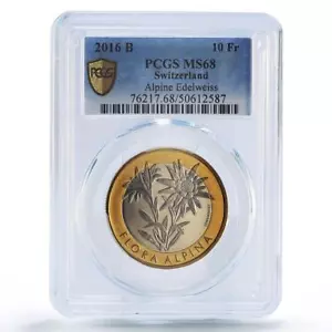 Switzerland 10 francs Edelweiss Flower Alpine Flora MS68 PCGS bimetal coin 2016 - Picture 1 of 2