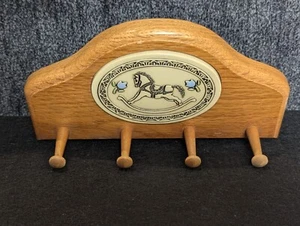 Vintage Key Holder Wooden Ceramic Rocking Horse Inlay, Handmade Cottage Pottery - Picture 1 of 14