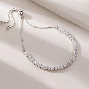 Elegant Bolo Adjustable Slider Tennis Bracelet Box Chain and Cubic Zirconia Gems - Picture 1 of 5