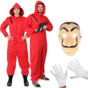 GELDRAUB ERWACHSENE KOSTÜM ROT JUMPSUIT HANDSCHUHE MASKE HALLOWEEN - Bild 1 von 6