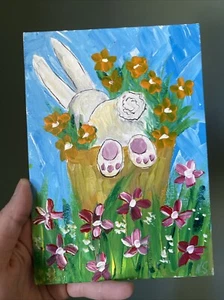 Conejito, Pascua Pequeñas pinturas sobre lienzo originales 5/7 pulgadas, - Imagen 1 de 4