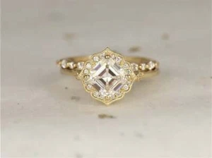 1.30 Ct Asscher Cut Diamond Halo Milgrain Engagement Set 14K Yellow Gold Finish - Picture 1 of 5
