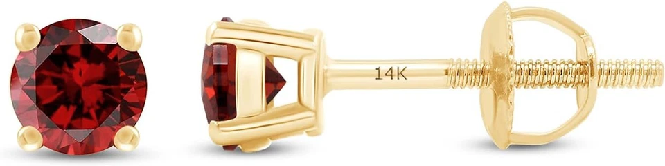 Solitaire 4-Prong Screw Back Stud Earrings Red Lab Grown Diamond in 14k Gold - Image 1 of 4