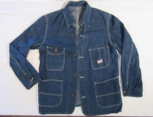 GIACCA VINTAGE DENIM CHORE ANNI 30 40S ETICHETTA SANFORIZZATA 43" NO MARCA FILO COLORE P1 - Foto 1 di 21