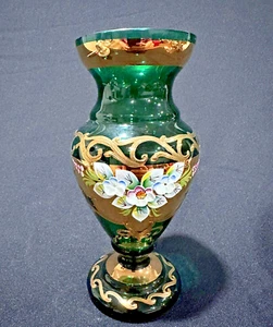Tschechische böhmische 24K Gold verkrustet emailliert grün Kunstglas Vase 8" hoch - Bild 1 von 4