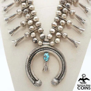 Vintage Native Southwestern Silver Bead & Turquoise Squash Blossom Necklace - Picture 1 of 6