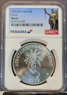 Panamá 1972 plata 5 Balboas FAO NGC MS 66 gema escasa bu hermoso brillo Foto 1 de 3