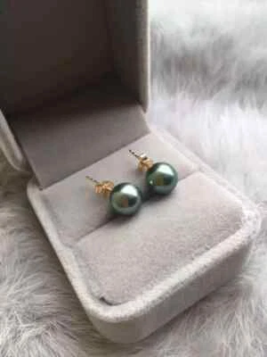 New 8-9mm AAA black green round  natural tahitian pearl earrings 14k gold - Image 1 of 4