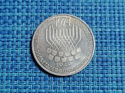 🇩🇪 West Germany 5 mark 1974 F  Grundgesetz 0.625 KM-138  Silver Coin 050225-3 - Image 1 of 2