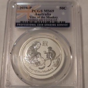 PCGS Australia 2016 P 1/2 Ounce Silver 50 Cents Year of the Monkey MS69 FS Flag - Picture 1 of 16