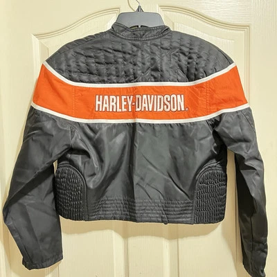 Chaqueta corta forrada Harley Davidson de colección para mujer negra naranja motociclista motocicleta Foto 1 de 4