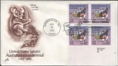 Scott 2370 FDC with block of 4 - 22 cent - 1988 - Australia Bicentennial - FDOI - Image 1 of 2