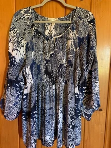 SPENSE Women's Blouse Tunic Blue & White Texture Pleat Ruffle 3/4 Sleeve Size 1X - Picture 1 of 8