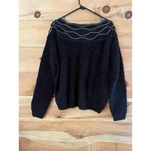 Buckle Black Women's Fuzzy Black Sweater w/ Beaded Rhinestone Neckline. XL - Picture 1 of 9