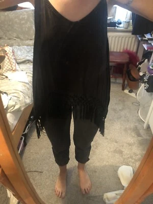 Urban Outfitters Ecote Black Fringe Loose Tunic Top Sleeveless Size 10 Tie Neck  - Image 1 of 4