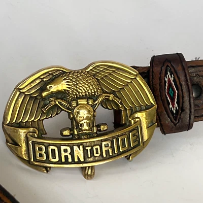 Vintage 1981 Eagle Riding skull motorcycle Born to Ride solid brass belt buckle - Image 1 of 4
