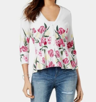 $79 INC International Concepts Mujeres Blanco Rosa Floral Cárdigan Suéter Talla L Foto 1 de 4