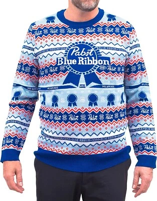 Adult Unisex Beer Pabst Blue Ribbon Funny Holiday Season Ugly Christmas Sweater - Image 1 of 4
