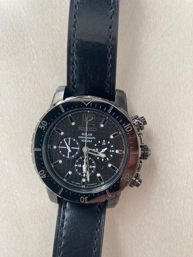 Seiko V175-0CH0 Solar Chronograph Watch Black Leather 100m Water
